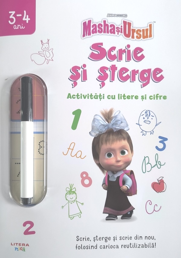 Masha si Ursul - Activitati cu litere si cifre. Scrie si sterge