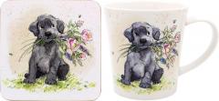 Set cana portelan cu suport - Dog with Flowers