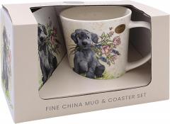 Set cana portelan cu suport - Dog with Flowers