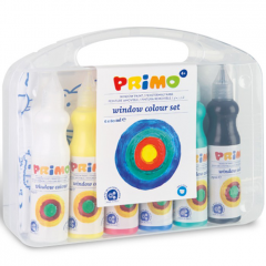 Primo Window paint, bottle of 75 ml with flow-control nozzle, 6 colours. Multipurpose case c